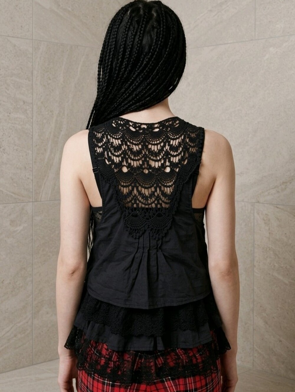 Retro Y2K Black Crochet Lace Vest Sz S Ruffle Romantic Boho Festival Whimsigoth